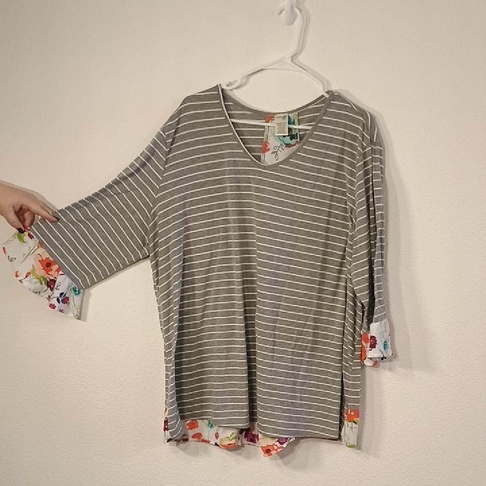 Terra & Sky Gray Striped Top with Floral Details